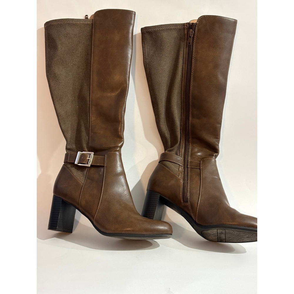 Brown Knee High Boots Womens Size 7M Abella Block Heel Buckle Detail